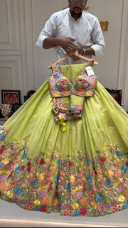Lime Floral Embroidered Butterfly Net Lehenga Set - Green