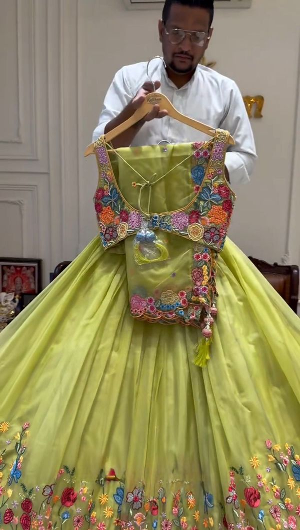 Lime Floral Embroidered Butterfly Net Lehenga Set