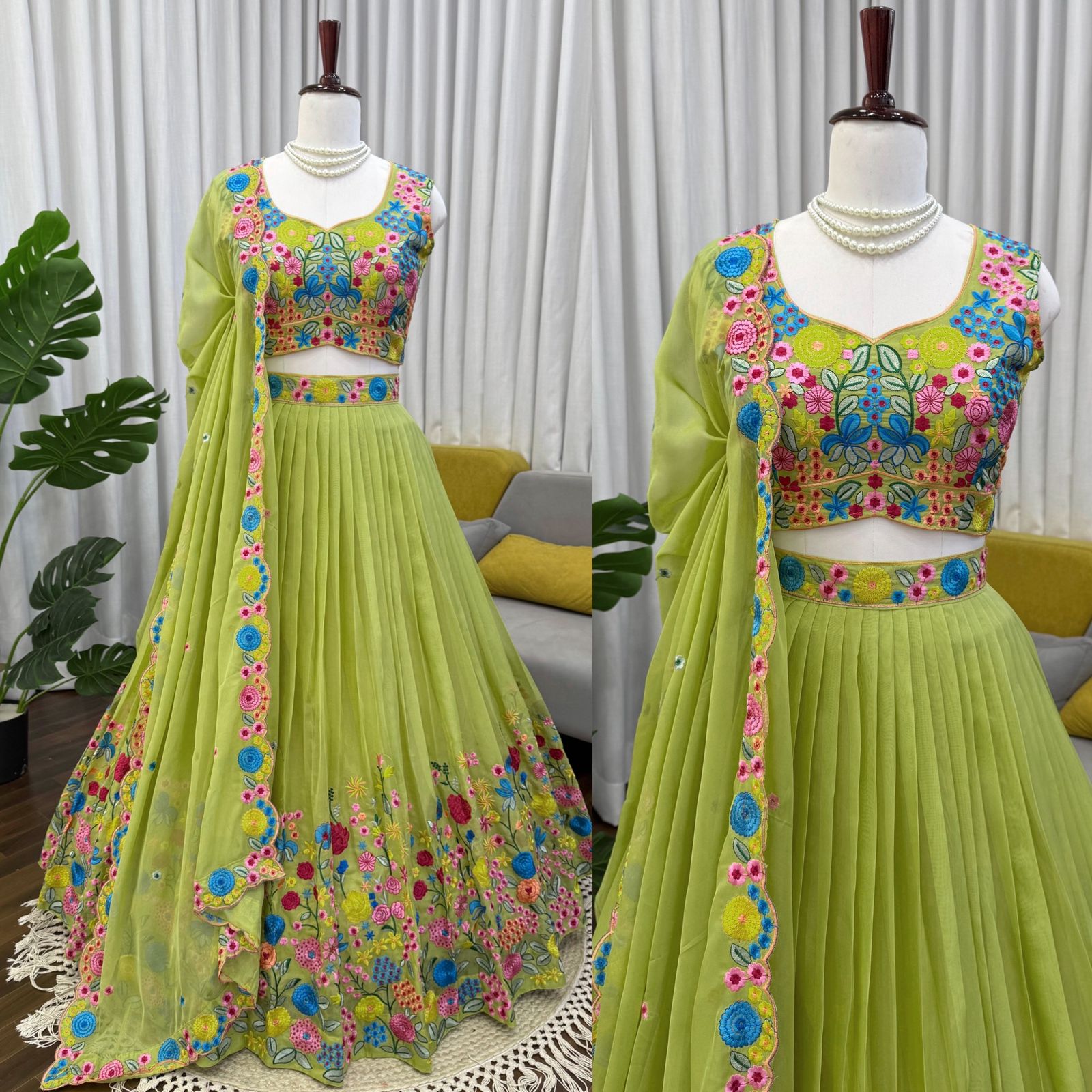 Lime Floral Embroidered Butterfly Net Lehenga Set