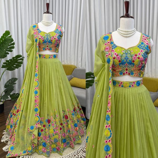 Lime Floral Embroidered Butterfly Net Lehenga Set