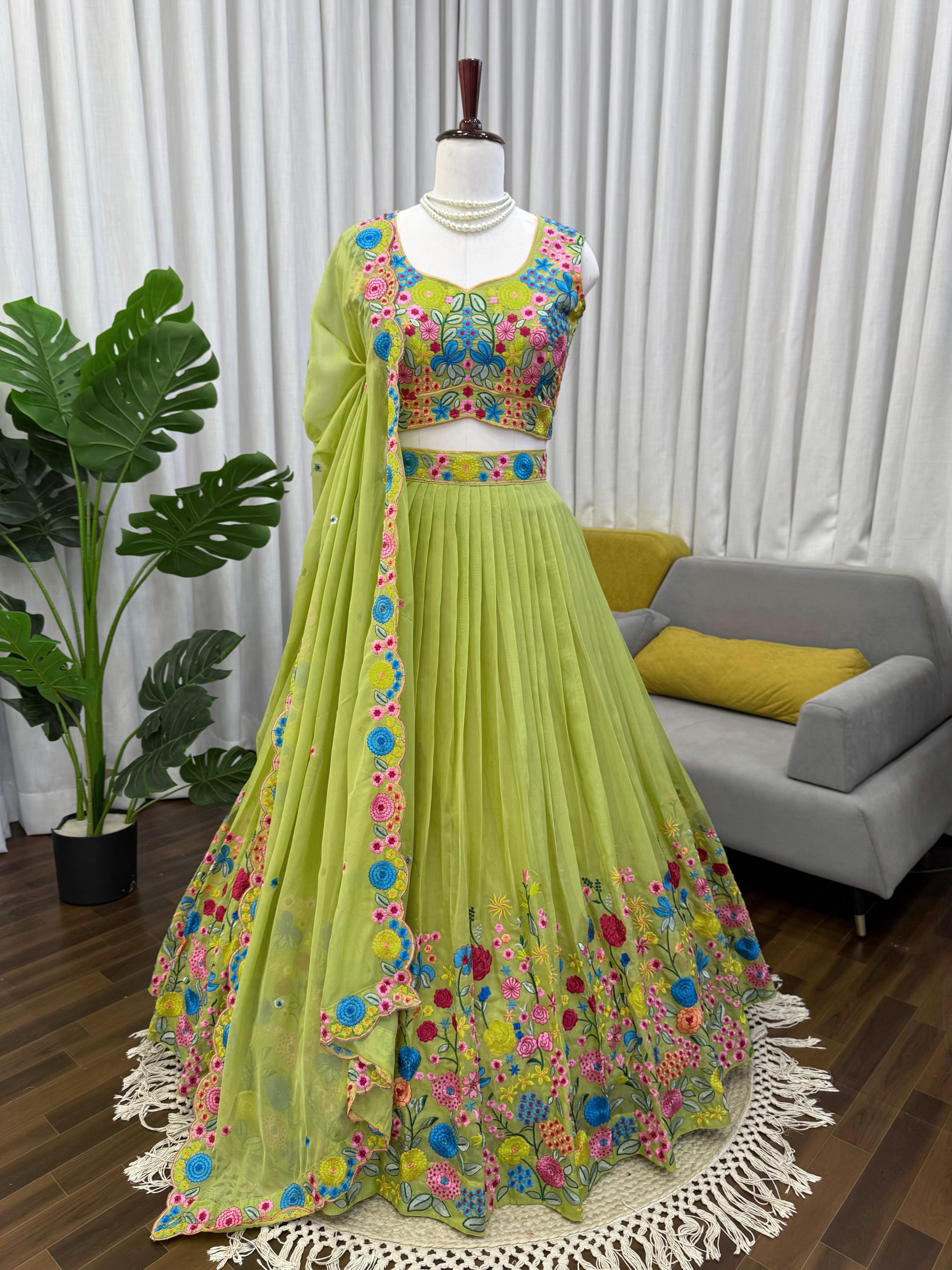 Lime Floral Embroidered Butterfly Net Lehenga Set