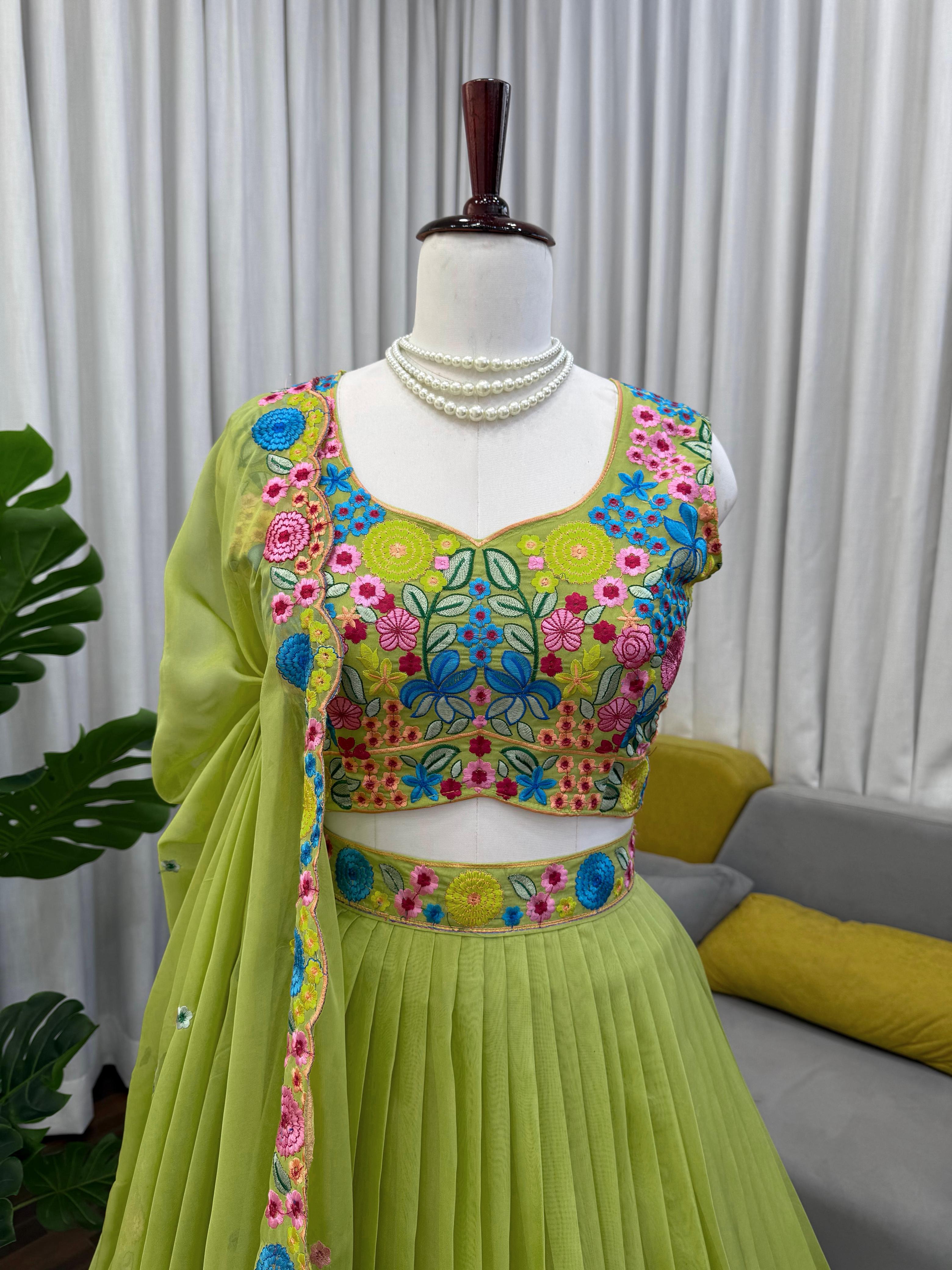 Lime Floral Embroidered Butterfly Net Lehenga Set