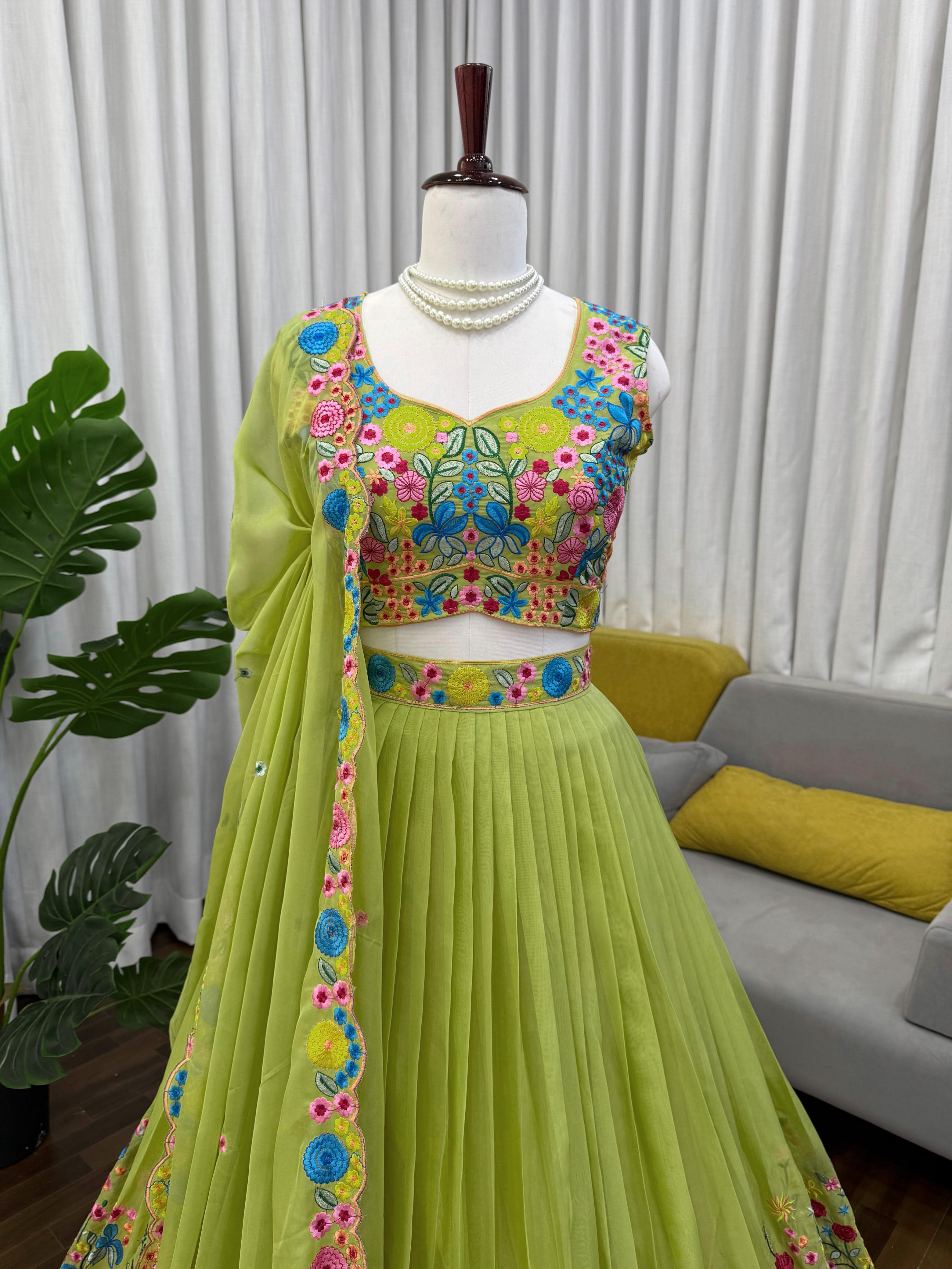 Lime Floral Embroidered Butterfly Net Lehenga Set