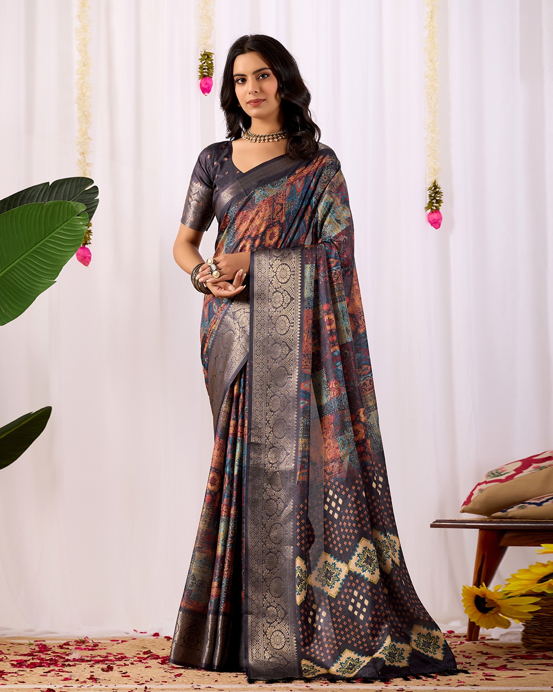 Black Printed Lichi Silk Saree with Ethnic Digital Design
