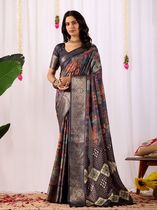 Black Printed Lichi Silk Saree with Ethnic Digital Design