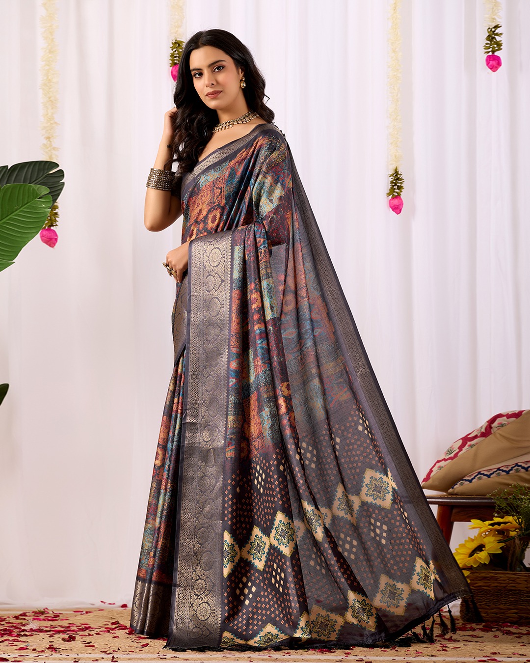 Black Printed Lichi Silk Saree with Ethnic Digital Design