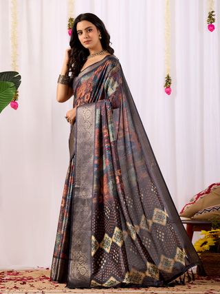 Black Printed Lichi Silk Saree with Ethnic Digital Design