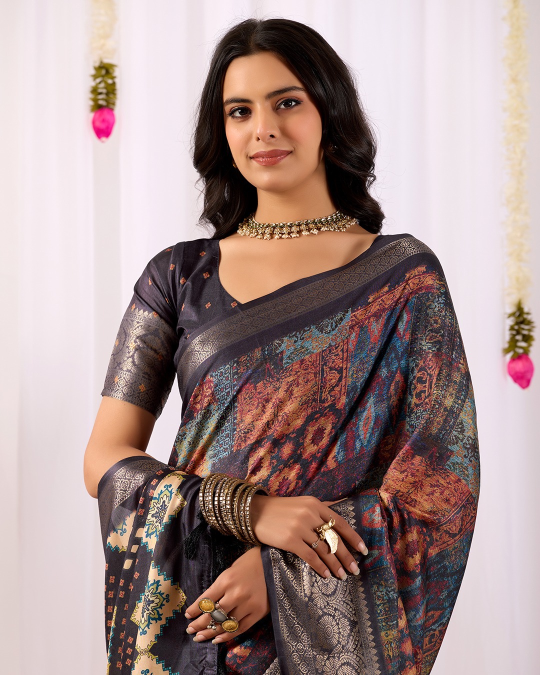 Black Printed Lichi Silk Saree with Ethnic Digital Design
