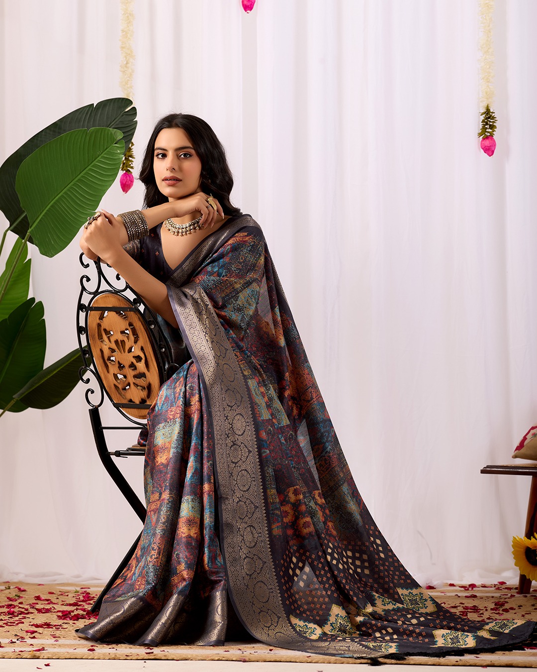 Black Printed Lichi Silk Saree with Ethnic Digital Design