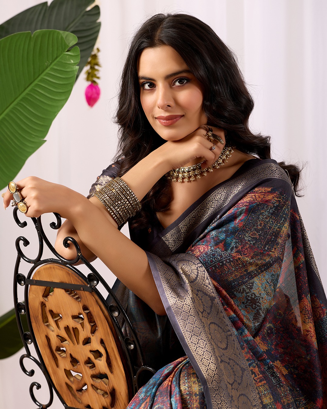 Black Printed Lichi Silk Saree with Ethnic Digital Design