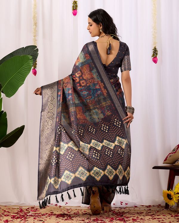 Black Printed Lichi Silk Saree with Ethnic Digital Design