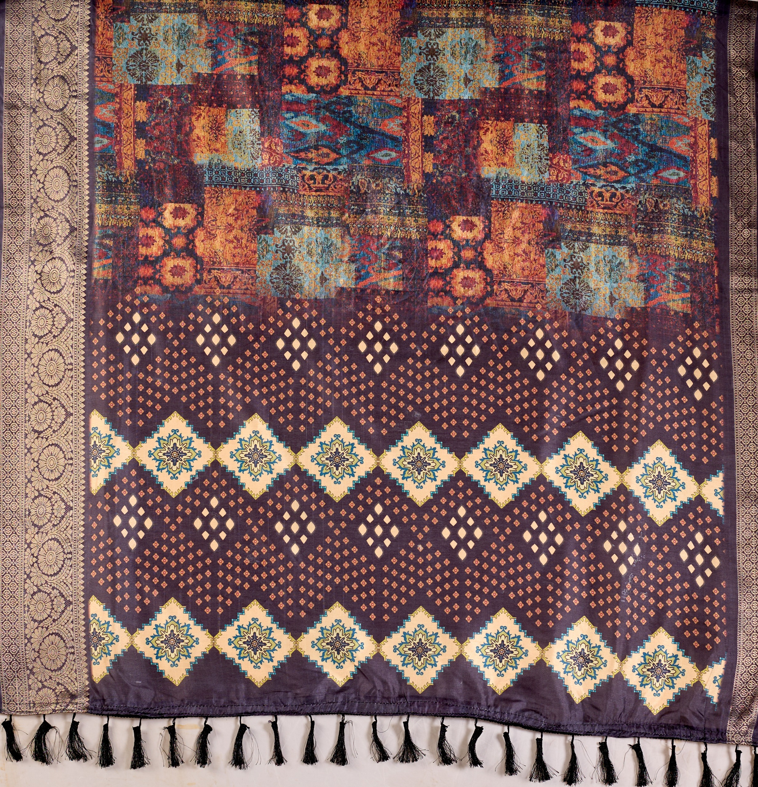 Black Printed Lichi Silk Saree with Ethnic Digital Design