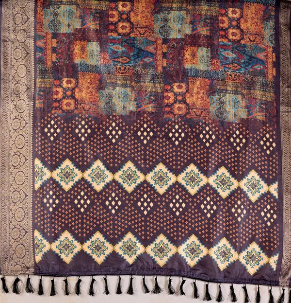 Black Printed Lichi Silk Saree with Ethnic Digital Design