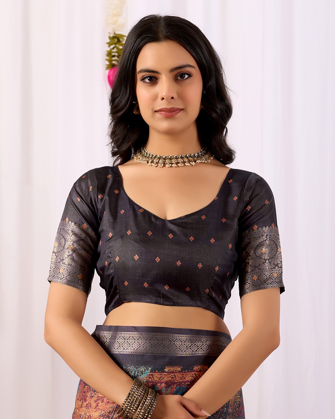 Black Printed Lichi Silk Saree with Ethnic Digital Design