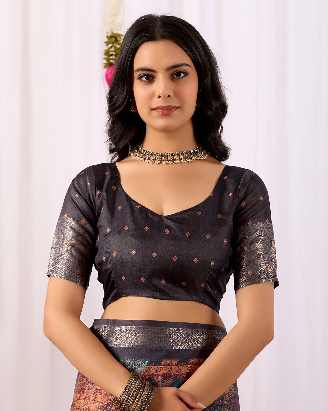 Black Printed Lichi Silk Saree with Ethnic Digital Design