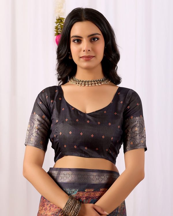 Black Printed Lichi Silk Saree with Ethnic Digital Design