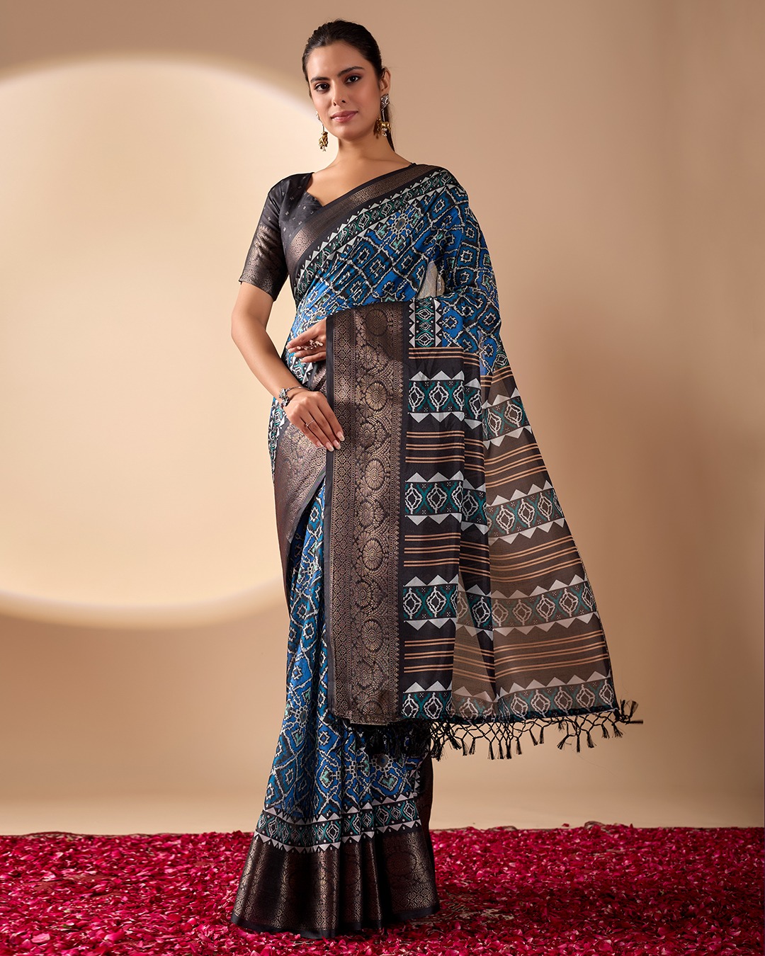 Blue Geometric Lichi Silk Saree with Digital Print and Copper Zari Border