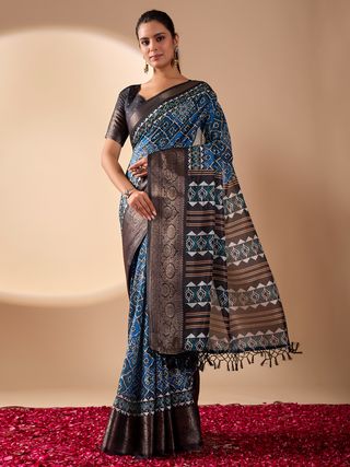 Blue Geometric Lichi Silk Saree with Digital Print and Copper Zari Border