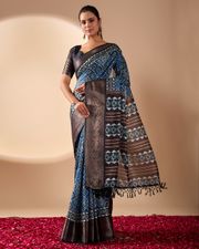 Blue Geometric Lichi Silk Saree with Digital Print and Copper Zari Border - Blue