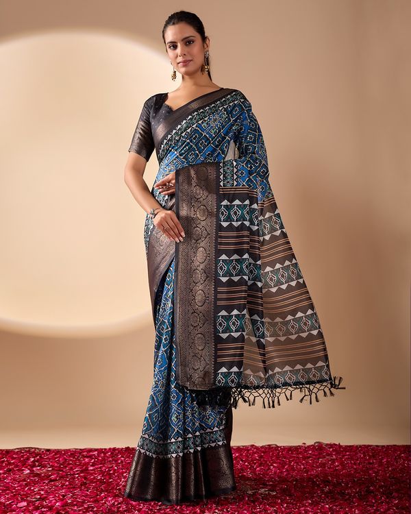 Blue Geometric Lichi Silk Saree with Digital Print and Copper Zari Border