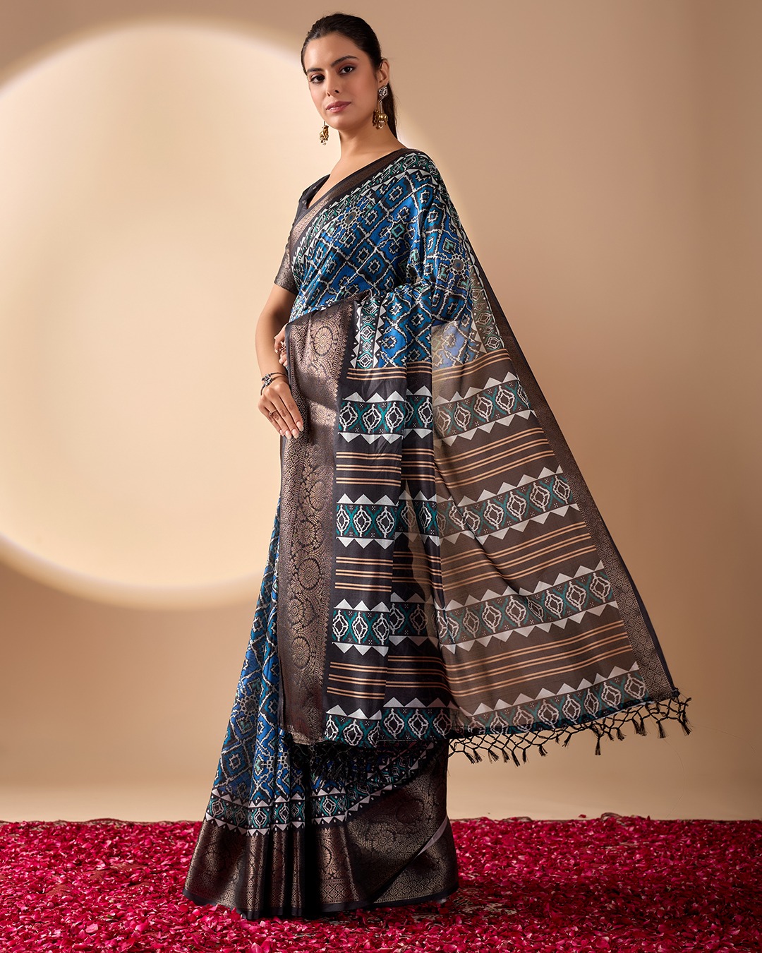 Blue Geometric Lichi Silk Saree with Digital Print and Copper Zari Border