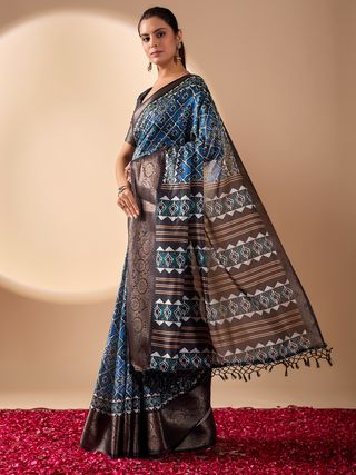 Blue Geometric Lichi Silk Saree with Digital Print and Copper Zari Border