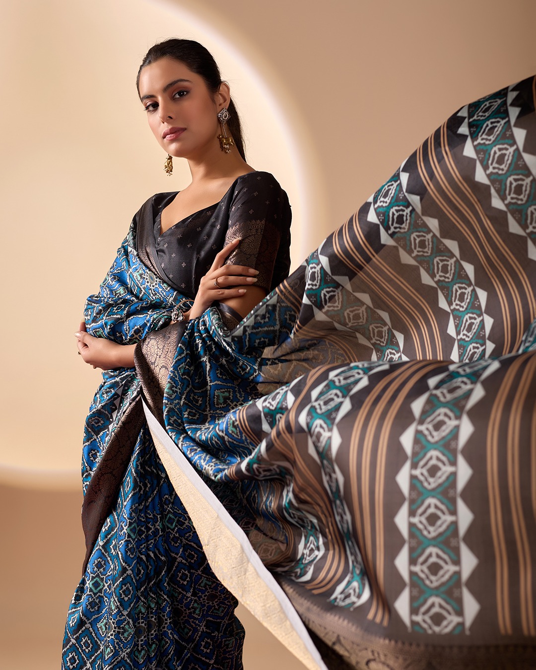 Blue Geometric Lichi Silk Saree with Digital Print and Copper Zari Border