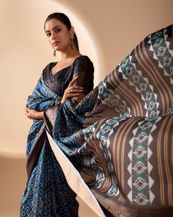 Blue Geometric Lichi Silk Saree with Digital Print and Copper Zari Border