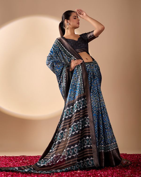 Blue Geometric Lichi Silk Saree with Digital Print and Copper Zari Border