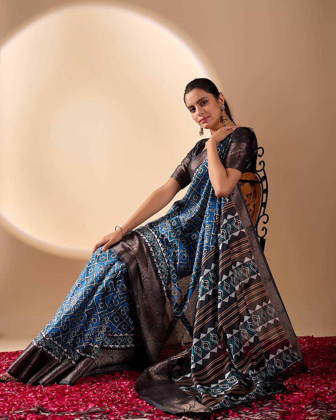 Blue Geometric Lichi Silk Saree with Digital Print and Copper Zari Border