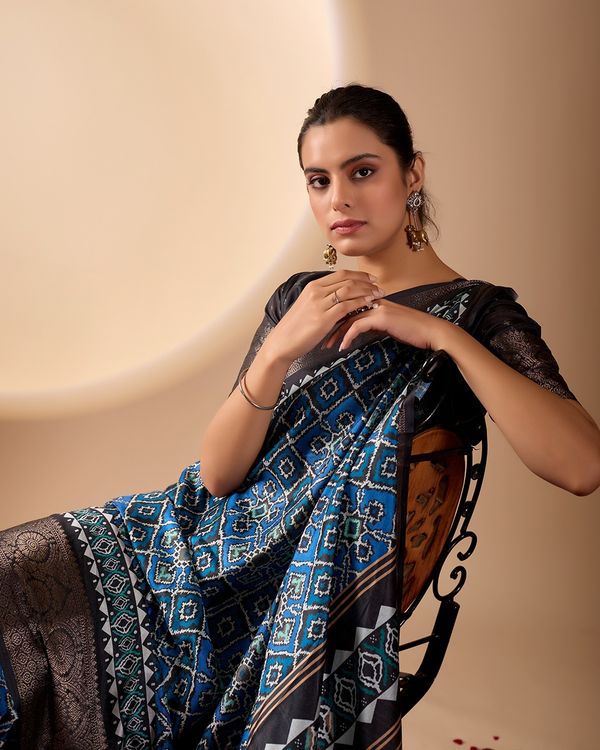 Blue Geometric Lichi Silk Saree with Digital Print and Copper Zari Border