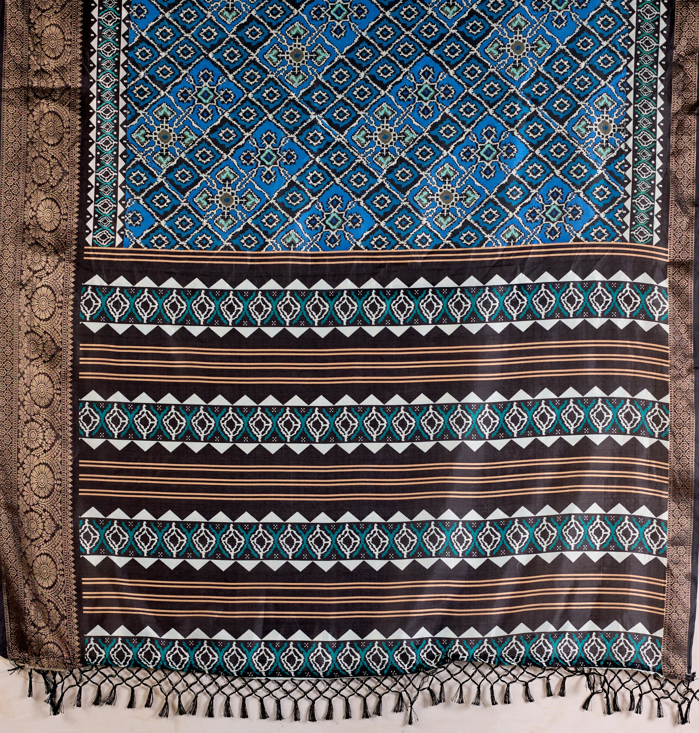 Blue Geometric Lichi Silk Saree with Digital Print and Copper Zari Border