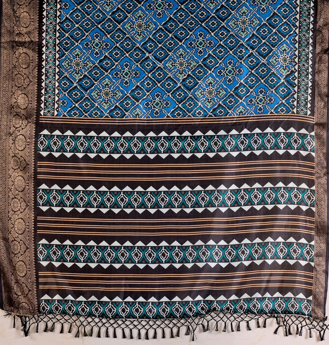 Blue Geometric Lichi Silk Saree with Digital Print and Copper Zari Border