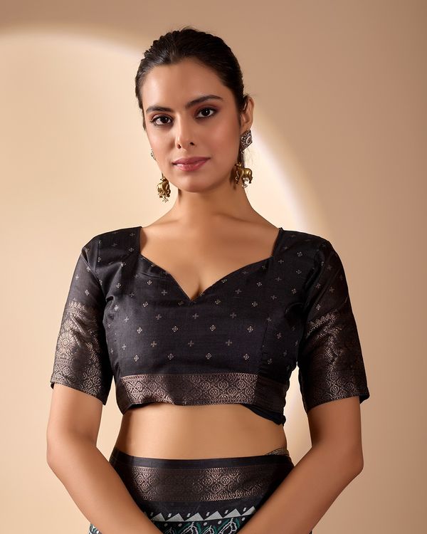 Blue Geometric Lichi Silk Saree with Digital Print and Copper Zari Border