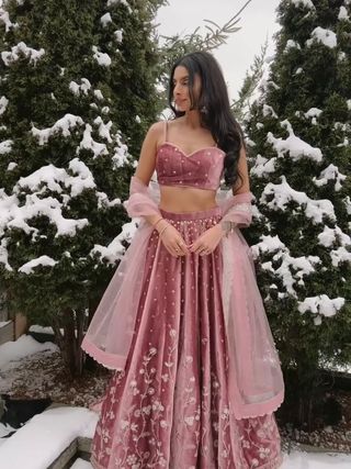 Dusty Pink Satin Embroidered Lehenga Set Online
