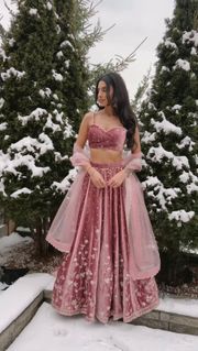 Dusty Pink Satin Embroidered Lehenga Set Online - Pink