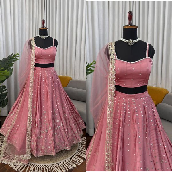 Dusty Pink Satin Embroidered Lehenga Set Online