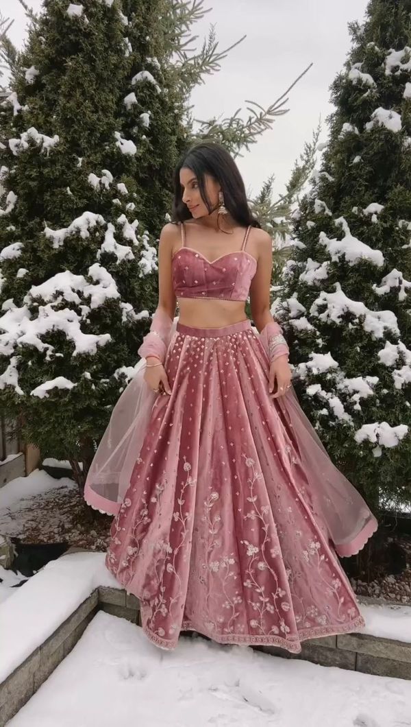 Dusty Pink Satin Embroidered Lehenga Set Online