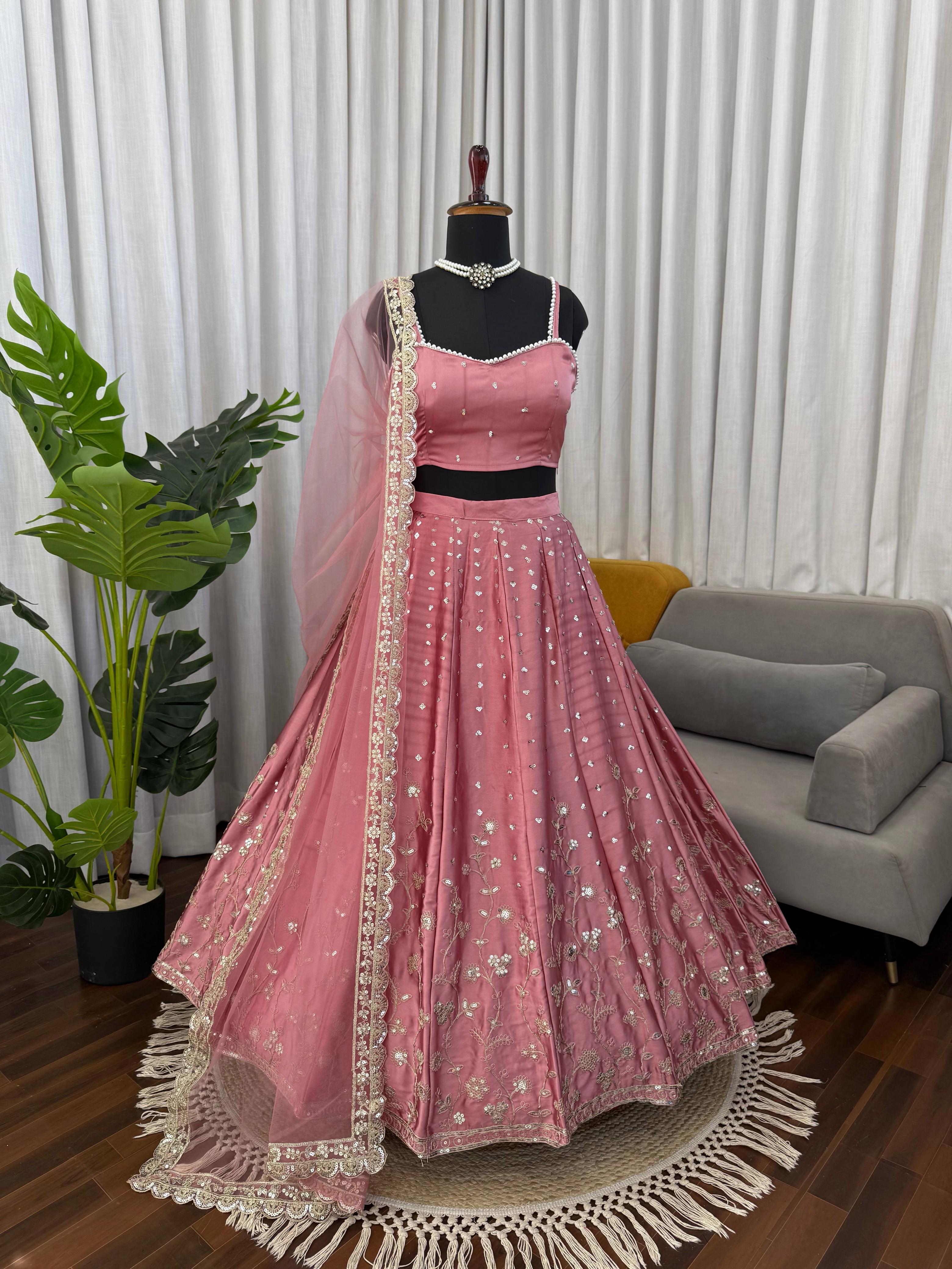 Dusty Pink Satin Embroidered Lehenga Set Online