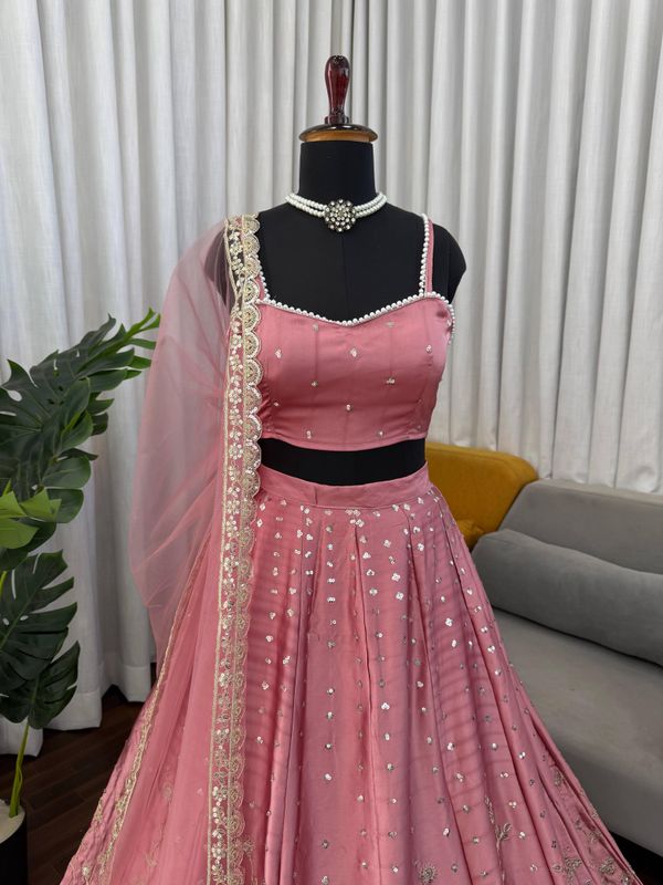 Dusty Pink Satin Embroidered Lehenga Set Online