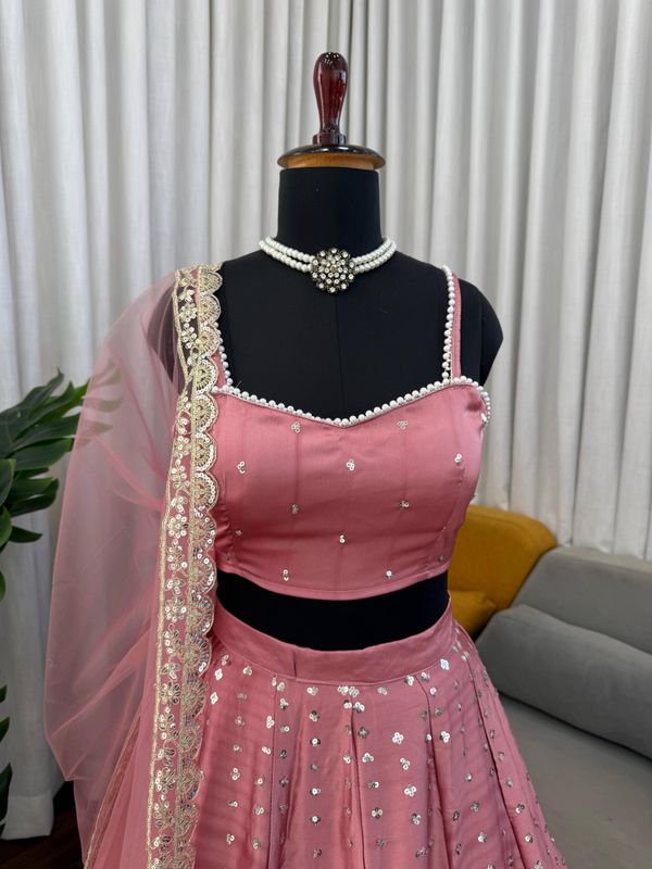 Dusty Pink Satin Embroidered Lehenga Set Online