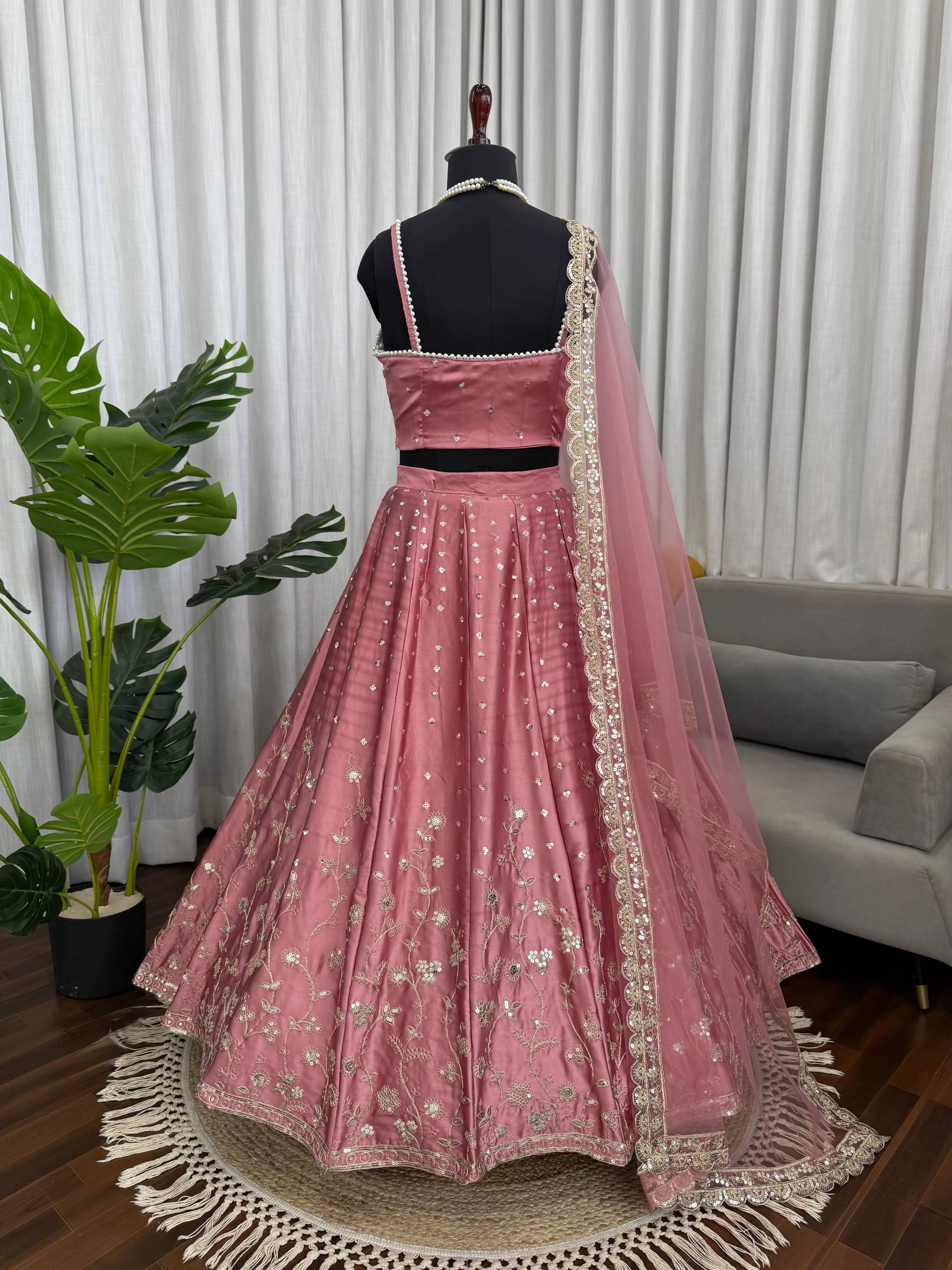 Dusty Pink Satin Embroidered Lehenga Set Online