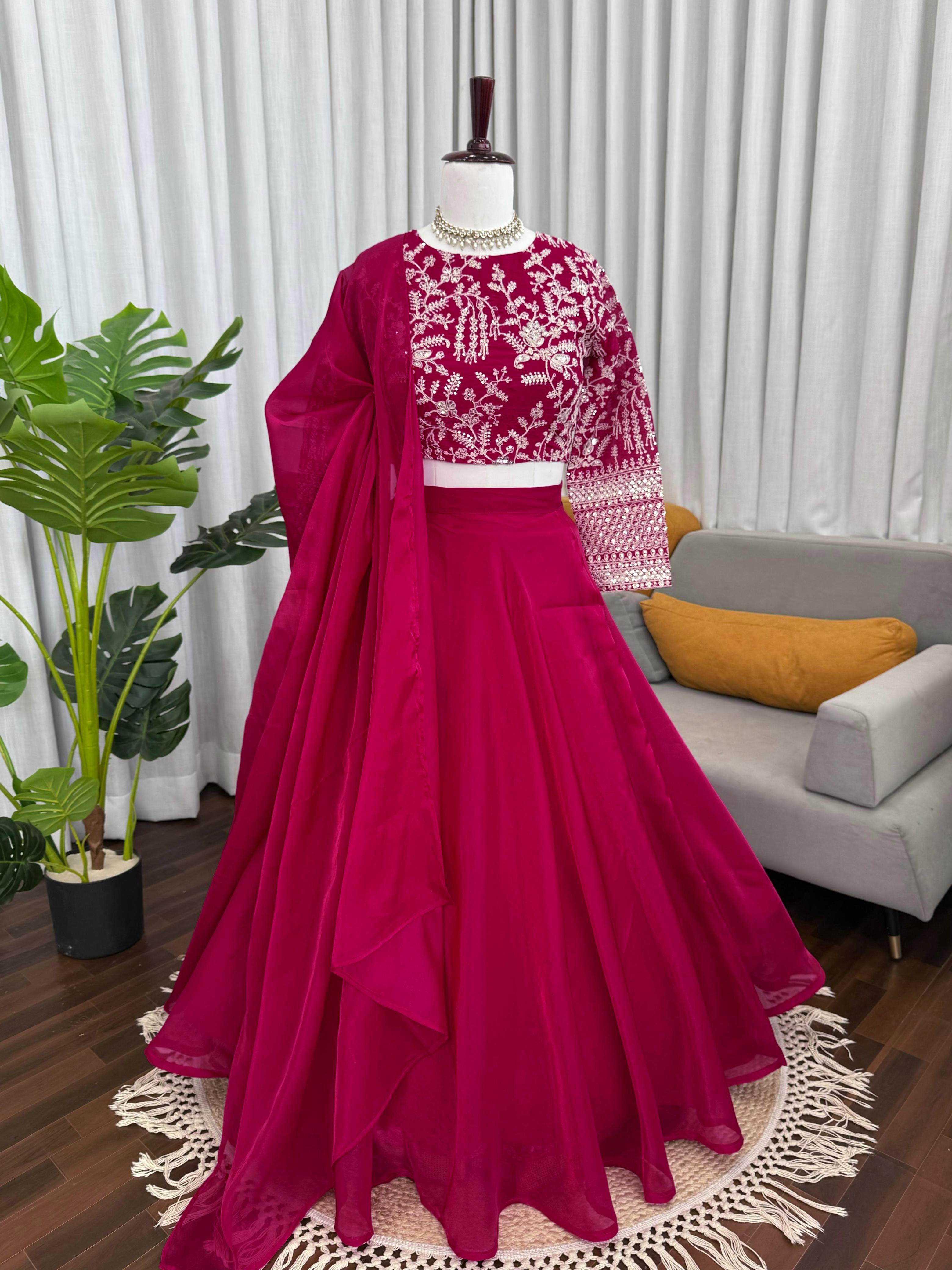 Wine Pink Embroidered Silk Lehenga Set Online
