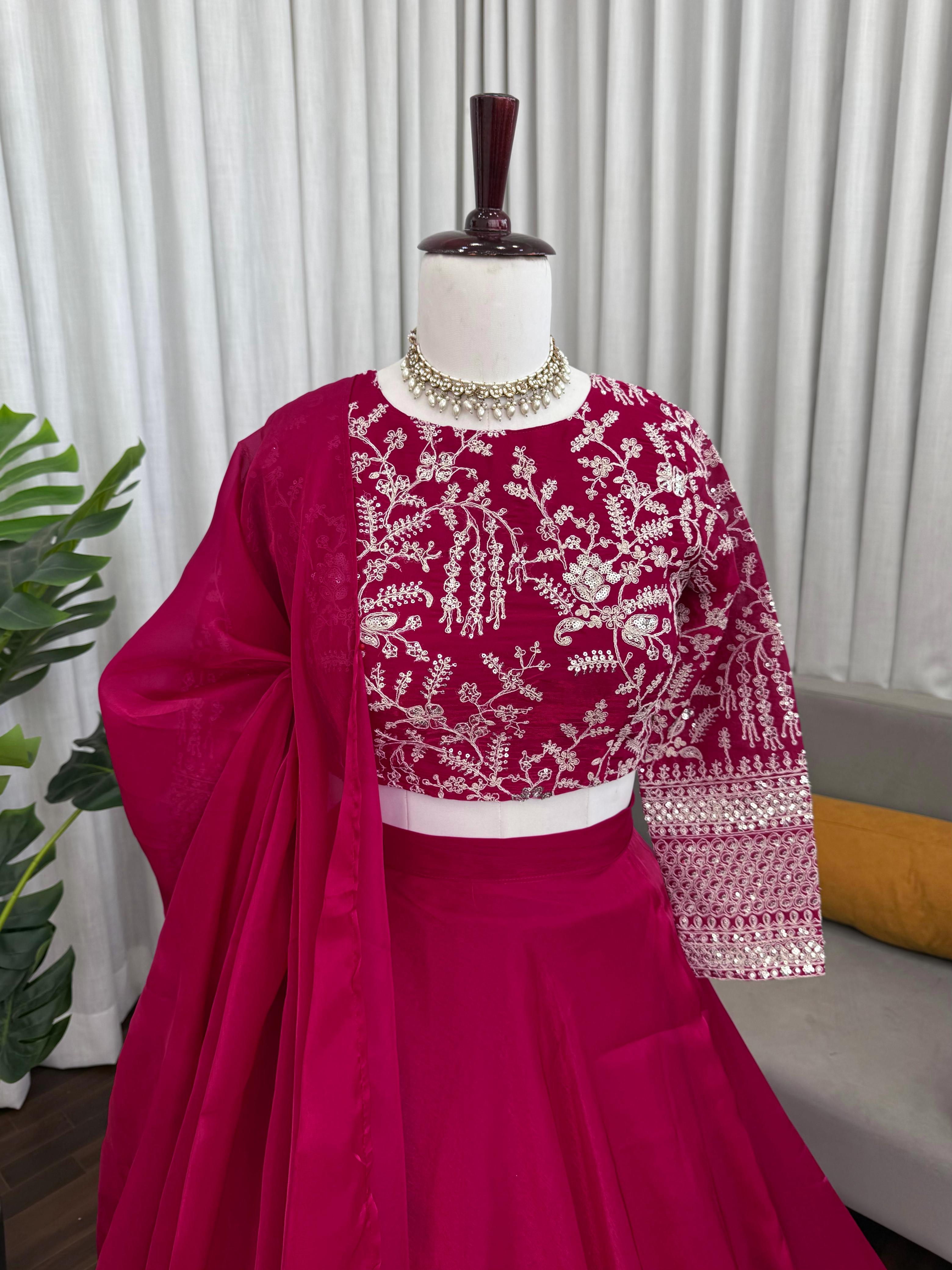 Wine Pink Embroidered Silk Lehenga Set Online
