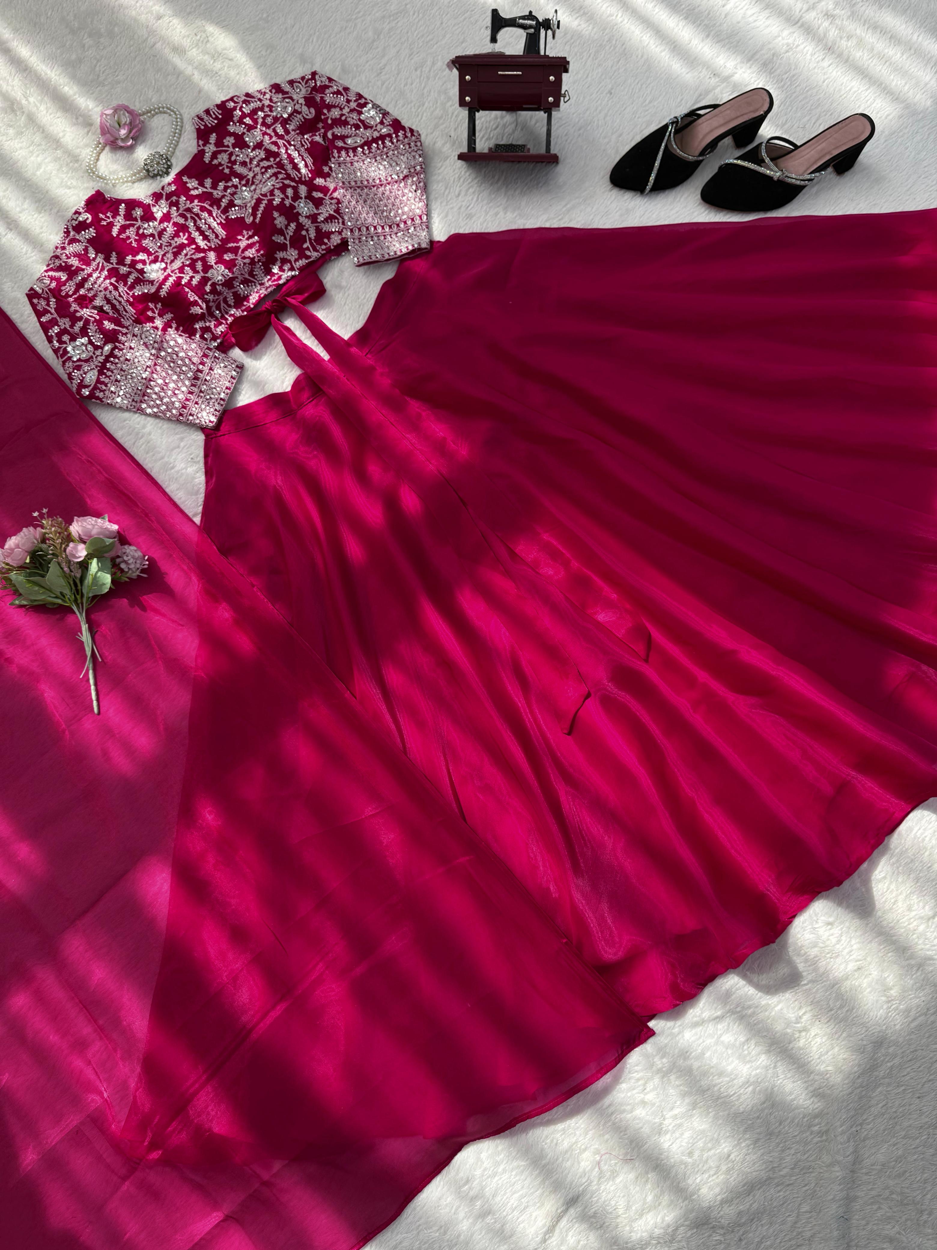 Wine Pink Embroidered Silk Lehenga Set Online