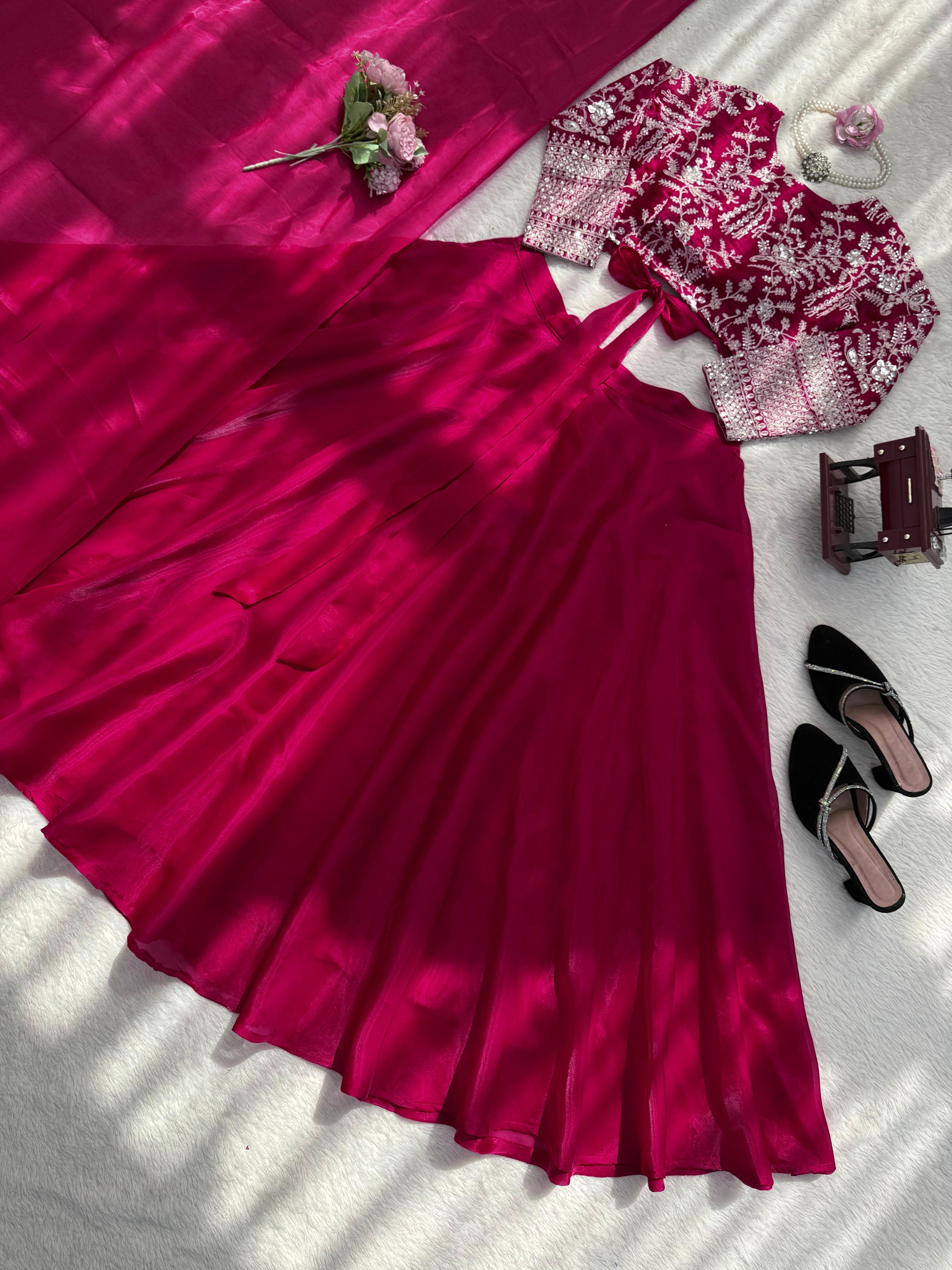 Wine Pink Embroidered Silk Lehenga Set Online