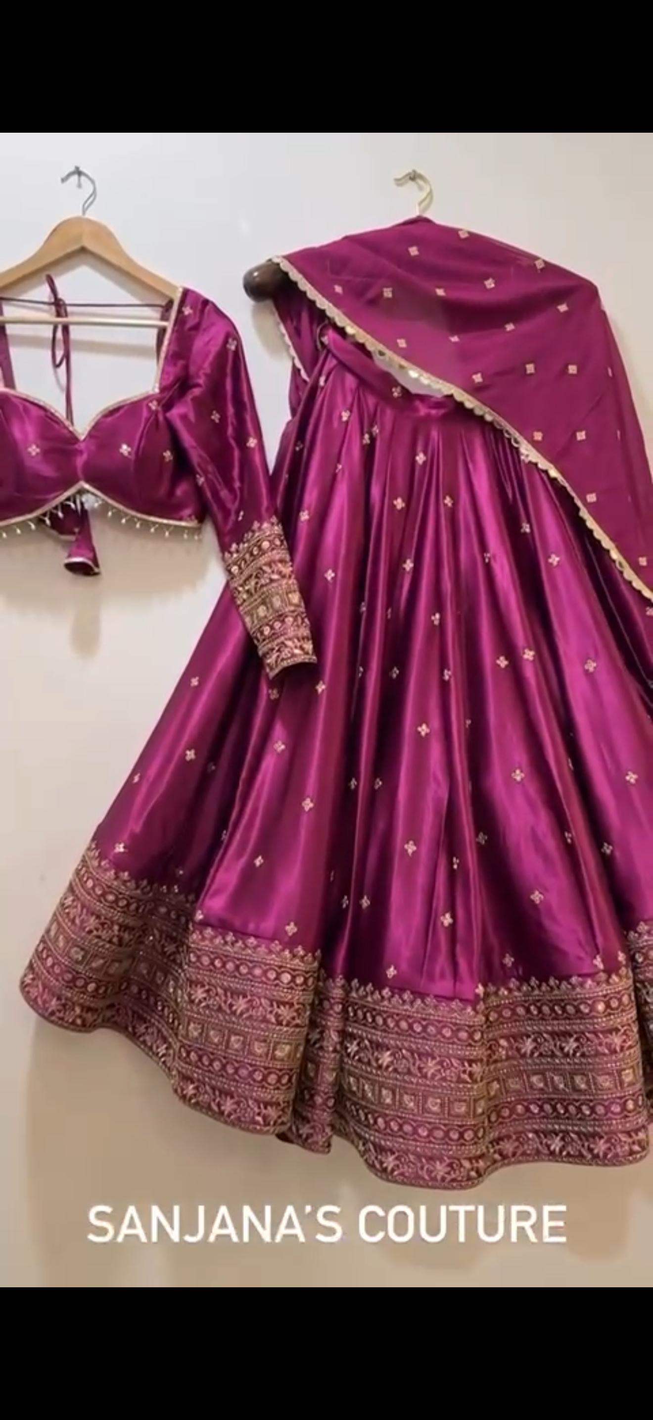 Magenta Satin Embroidered Lehenga Set Online