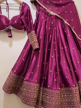 Magenta Satin Embroidered Lehenga Set Online