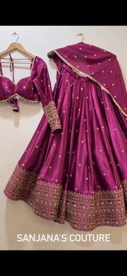 Magenta Satin Embroidered Lehenga Set Online - Maroon