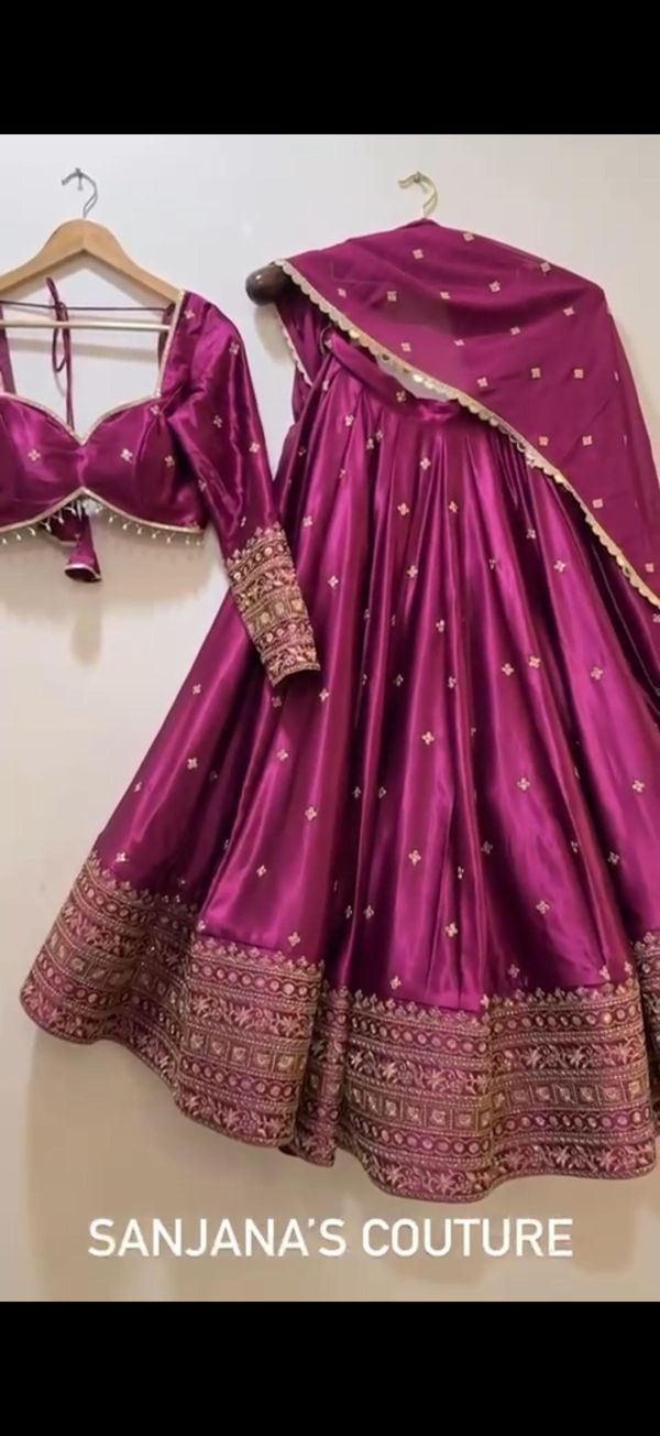 Magenta Satin Embroidered Lehenga Set Online
